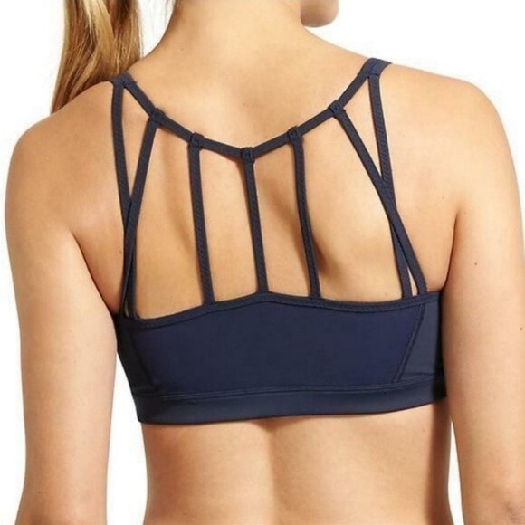 Athleta Max Out Navy Striped Side Tie Tank Top Removable Strappy Sports Bra Sz M - Picture 2 of 12